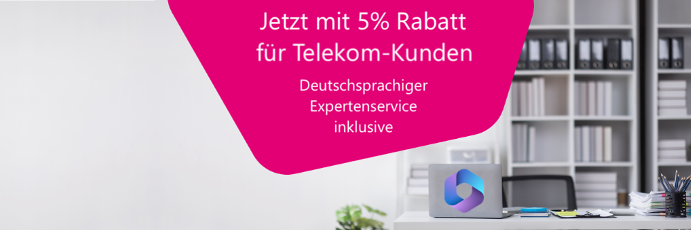 Magenta Shape mit 5%-Rabatt-Text, im Hintergrund ein Büro-Arbeitsplatz